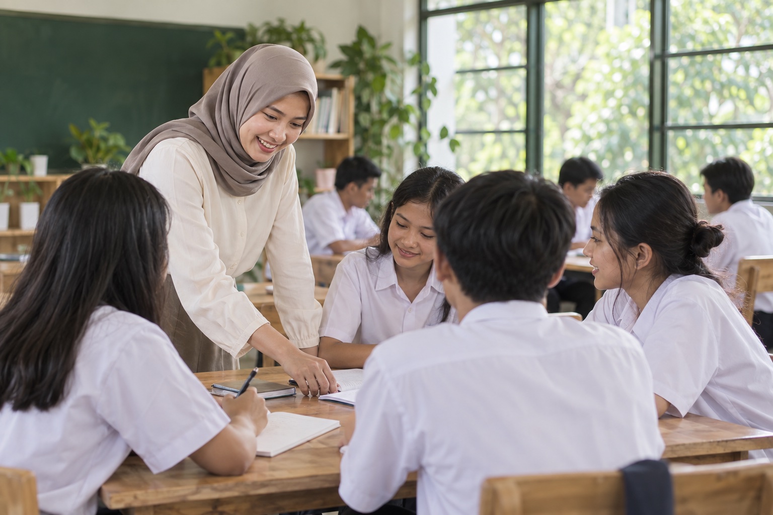 Ilustrasi seorang guru mendampingi murid belajar di kelas